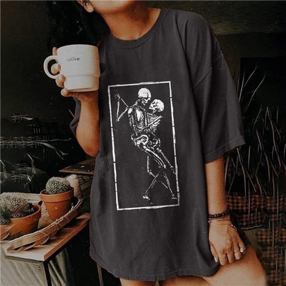 Tops - Boho Skeleton Love Graphic Printed Oversized T Shirt Short Sleeve Tee Top